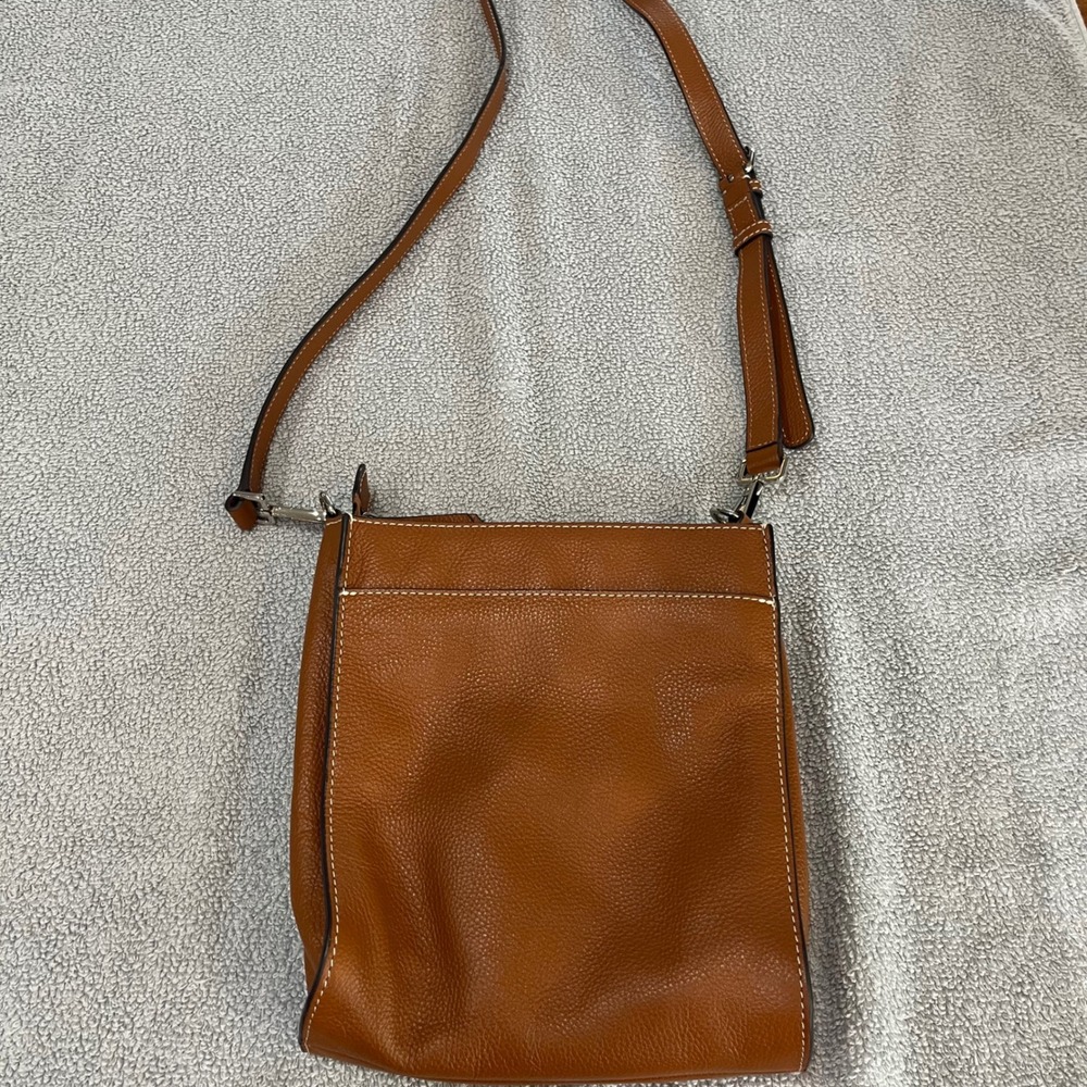 J. Jill Cognac Brown Pebbled Leather Crossbody Bag with Contrast Stitching